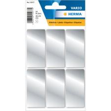 Weiße Etiketten auf einem Bogen, 18 Stück, Größe 26 x 54 mm, verpackt in einer transparenten Hülle.