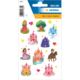 Colorful stickers featuring princesses, castles, a tree, a rider, and various decorative elements like hearts and rainbows.