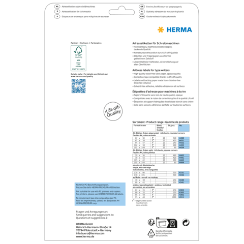 Adressetiketten für Schreibmaschinen von HERMA, mit Produktinformationen und QR-Code. Rückseite zeigt verschiedene Etikettenformate.