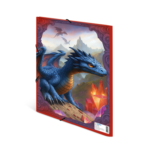 Blue dragon sits on a rock, surrounded by crystals and mountains. In the background, more dragons are flying.