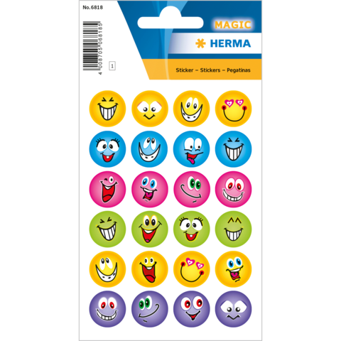 Bunte Aufkleber mit verschiedenen Smileys, die unterschiedliche Gesichtsausdrücke zeigen, auf einem Kartenblatt angeordnet.
