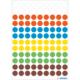 Bunte Aufkleber in verschiedenen Farben, angeordnet in Reihen und Spalten auf einem weißen Hintergrund.