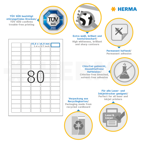 Etikettenblatt mit 80 Etiketten, Angaben zu Druckqualität, Haftfähigkeit und Verpackungsmaterial aus recyceltem Karton.