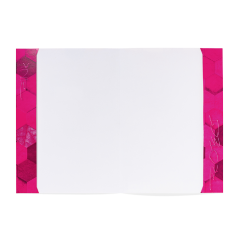 Leeres Notizbuch mit einer pinken, hexagonalen Umrandung. Die Innenseiten sind unbeschrieben und bieten Platz für Notizen oder Zeichnungen.