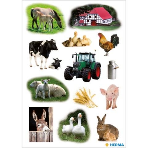 Tiere und landwirtschaftliche Elemente, darunter Pferde, Kühe, Schafe, ein Traktor, ein Huhn und eine Scheune.