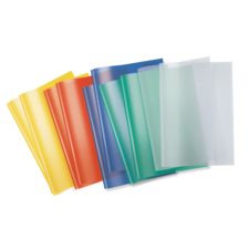 Bunte Kunststoffordner in verschiedenen Farben, darunter Gelb, Rot, Blau, Grün und Transparent, angeordnet in einer Reihe.