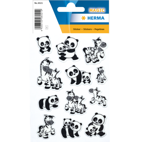 Tieraufkleber mit Pandas, Zebras und Giraffen in Schwarz-Weiß. Enthält verschiedene Designs von Tieren in verschiedenen Posen.