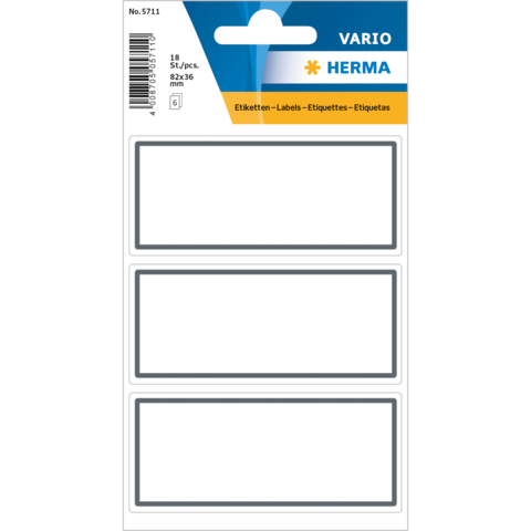Weiße Etiketten mit grauem Rahmen auf einer Verpackung, 18 Stück, Größe 82x36 mm, von der Marke Herma.
