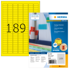 Gelbe Etiketten mit der Nummer 189, verpackt in einer transparenten Hülle, mit Hinweisen zu Software und Anwendung.