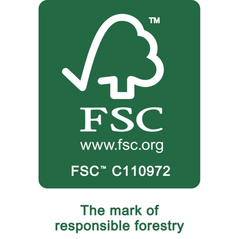 FSC-Logo, das für verantwortungsvolle Forstwirtschaft steht, mit der Website www.fsc.org und der Zertifikationsnummer C110972.