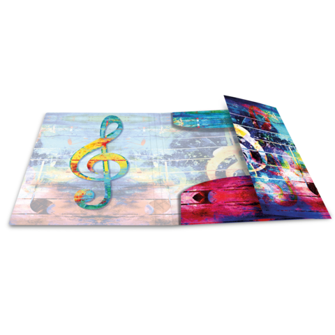 Bunte Klaviertastatur mit einem großen Notenschlüssel auf einem hellen Hintergrund. Teile des Designs sind in lebendigen Farben gestaltet.