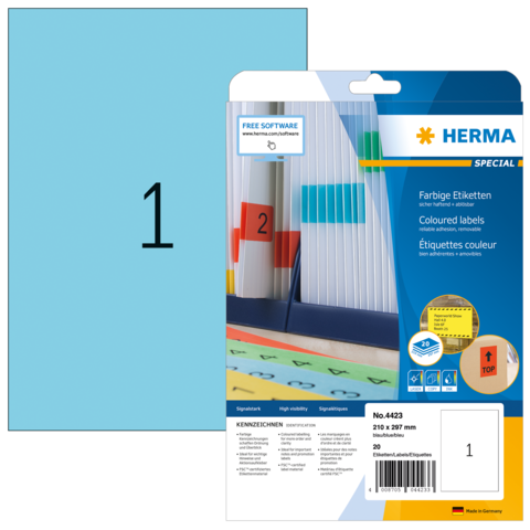 Bunte Etikettenpackung mit der Aufschrift "1" und Informationen zu Software und Produktdetails auf der Rückseite.