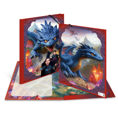 A book opened to a page featuring fantastic illustrations of blue dragons and characters in a magical landscape.