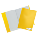 Gelbe Ordner und ein kariertes Blatt Papier, die auf einem schwarzen Hintergrund liegen.