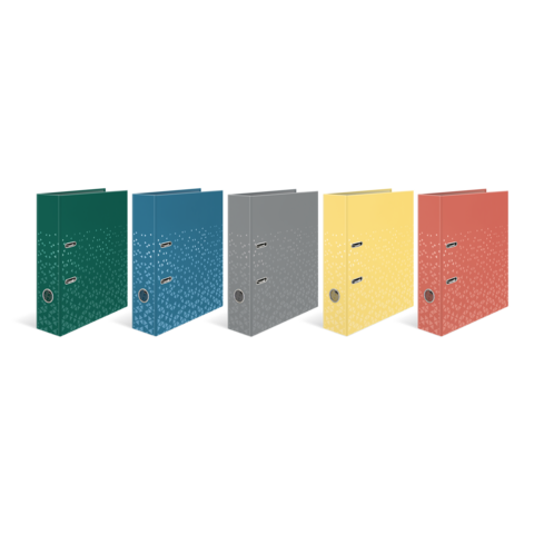 Fünf Ordner in verschiedenen Farben (grün, blau, grau, gelb, rot) stehen nebeneinander, jeder mit zwei Ringen und einem dekorativen Muster.