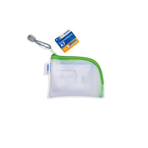 Transparente Tasche mit grünem Reißverschluss, geeignet für A7-Dokumente, mit einem Etikett zur Kennzeichnung.