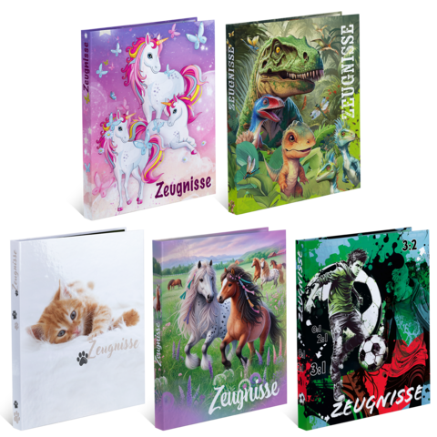Five different school report cards with colorful cover designs, featuring unicorns, dinosaurs, cats, horses, and soccer.