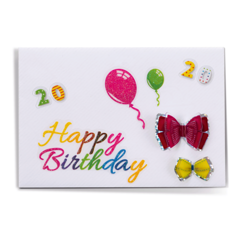 Geburtstagskarte mit buntem "Happy Birthday"-Schriftzug, Luftballons und glitzernden Schleifen in Rot und Gelb.