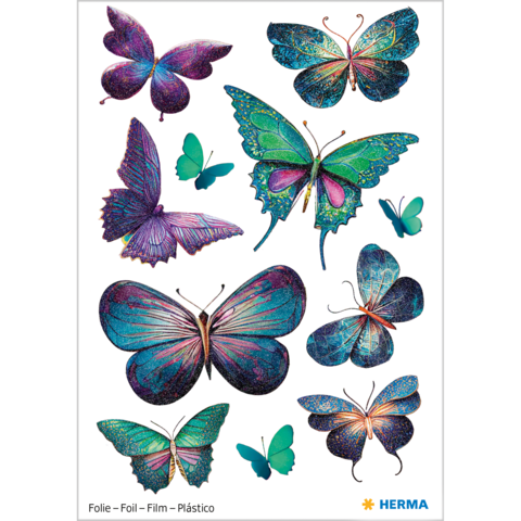 Bunte Schmetterlingsaufkleber in verschiedenen Formen und Größen, mit glitzernden Details und lebendigen Farben.