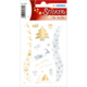 Weihnachtliche Aufkleber mit goldenen und silbernen Motiven, darunter Geschenke, Weihnachtsbäume, Schneeflocken und Rentiere.
