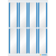 Ein Bogen mit acht rechteckigen Aufklebern, umrandet von blauen Linien, auf einem weißen Hintergrund.