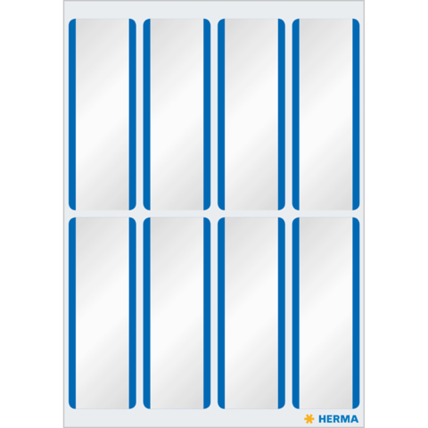 Ein Bogen mit acht rechteckigen Aufklebern, umrandet von blauen Linien, auf einem weißen Hintergrund.