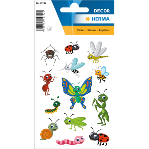 Bunte Aufkleber mit verschiedenen Insekten, darunter Käfer, Ameisen, Schmetterlinge, Raupen und eine Schnecke.
