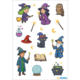 Colorful illustrations of witches, wizards, an owl, magic wands, a potion, a book, and a crystal ball.