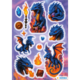 Stickers featuring blue dragons, crystals, a torch, coins, and flames in various poses and designs.
