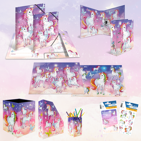 Colorfully designed school supplies featuring unicorn motifs, including binders, notepads, and pencil holders, set against a sparkling background.