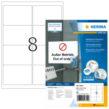 Ablösbare Etiketten auf einem Blatt, mit der Aufschrift "Außer Betrieb. Out of order." und Informationen zur Softwarenutzung.