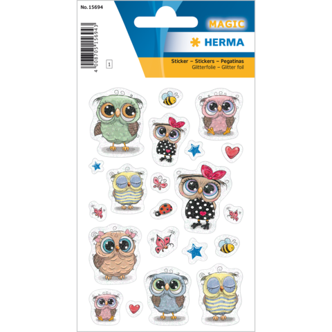 Bunte Aufkleber mit verschiedenen Eulenmotiven, darunter Eulen in unterschiedlichen Farben und Designs sowie kleine Insekten und Sterne.
