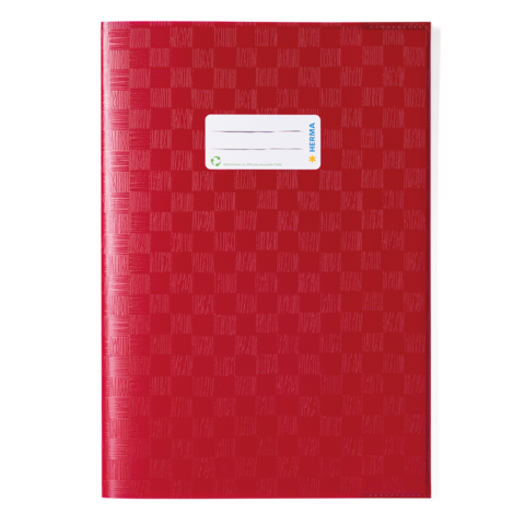 Rotes Notizbuch mit einem weißen Etikett auf der Vorderseite, das Platz für eine Beschriftung bietet.