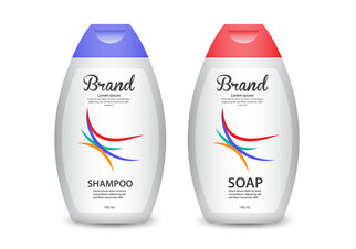 Two bottles of shampoo and soap, one in purple and the other in red, featuring a modern design with colorful lines.