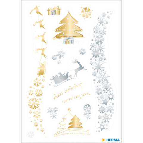 Weihnachtliche Aufkleber mit Geschenken, Schneeflocken, einem Weihnachtsbaum und einem Schlitten mit Rentieren. Text: "Frohe Weihnachten" und "Gutes neues Jahr".