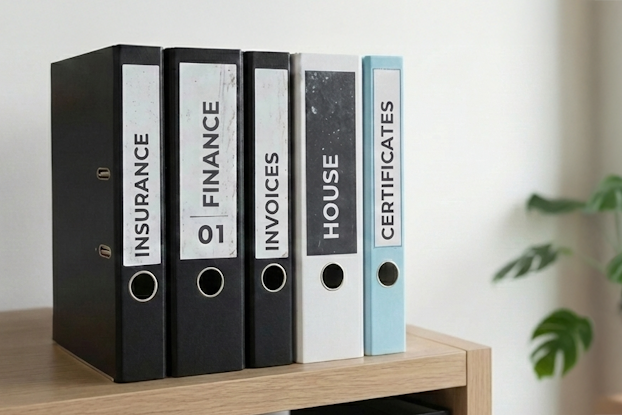 Folders on a wooden shelf, labeled 'Insurance,' 'Finances,' 'Home,' and 'Certificates.' In the background, there’s a plant.