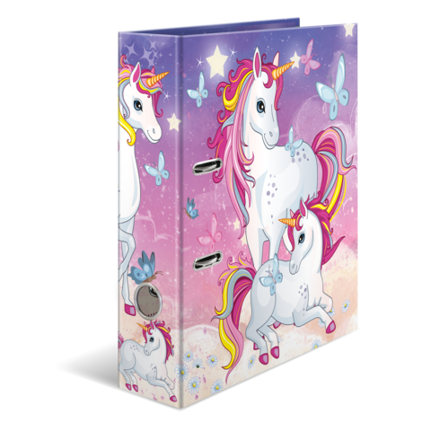 Ein Ordner mit buntem Einhorn-Motiv, das ein großes und ein kleines Einhorn sowie Schmetterlinge zeigt, auf einem pastellfarbenen Hintergrund.