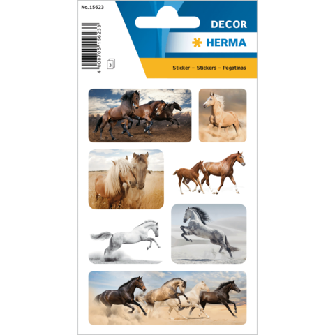 Aufkleber mit verschiedenen Pferdemotiven, darunter galoppierende und stehende Pferde in unterschiedlichen Farben und Landschaften.