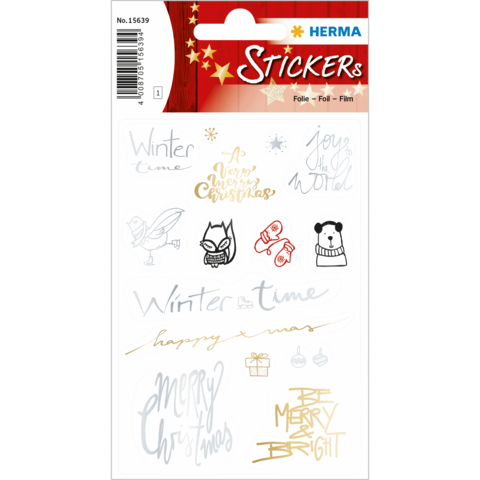 Weihnachtsaufkleber mit verschiedenen Motiven und Texten wie "Winter time", "Merry Christmas" und "Be merry & bright".