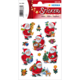 Aufkleber mit verschiedenen Weihnachtsmann-Motiven, die Geschenke, einen Weihnachtsbaum und festliche Dekorationen zeigen.