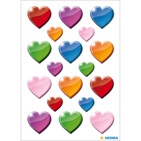 Bunte Herzaufkleber in verschiedenen Farben und Größen auf einem weißen Hintergrund angeordnet.