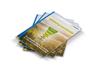 HERMA greenGuide brochures are piling up, focusing on sustainable materials and featuring a graphic chart on resource usage.
