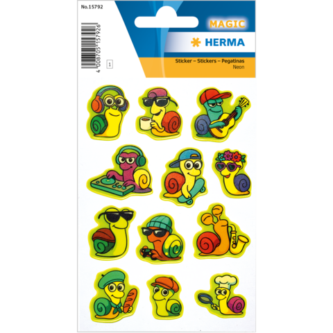 Colorful stickers of snails in various outfits and activities, including listening to music, playing, and relaxing.