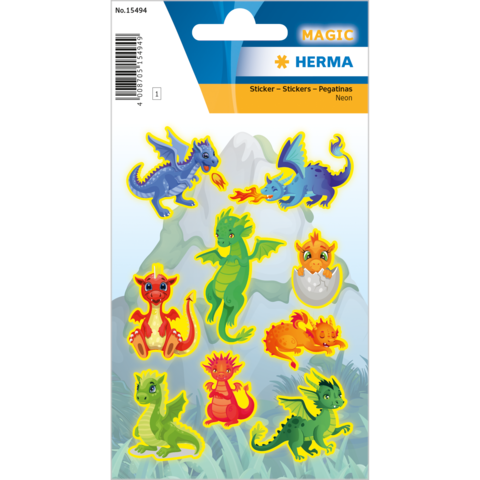 Neonaufkleber mit verschiedenen Drachen in leuchtenden Farben, darunter rot, grün, blau und orange, auf einem weißen Hintergrund.