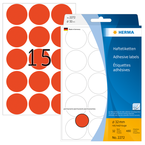 Runde, rote Haftetiketten mit der Nummer 15 auf einem Bogen, verpackt in einer blauen und weißen Verpackung von HERMA.