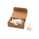 Eine geöffnete Kartonbox mit weißen Fransen oder Bändern, die teilweise herausgenommen wurden.