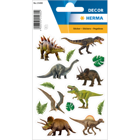 Dinosaurier-Stickerbogen mit verschiedenen Dinosaurierarten, darunter Stegosaurus, Tyrannosaurus und Triceratops, sowie Pflanzenmotiven.