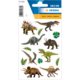 Dinosaurier-Stickerbogen mit verschiedenen Dinosaurierarten, darunter Stegosaurus, Tyrannosaurus und Triceratops, sowie Pflanzenmotiven.