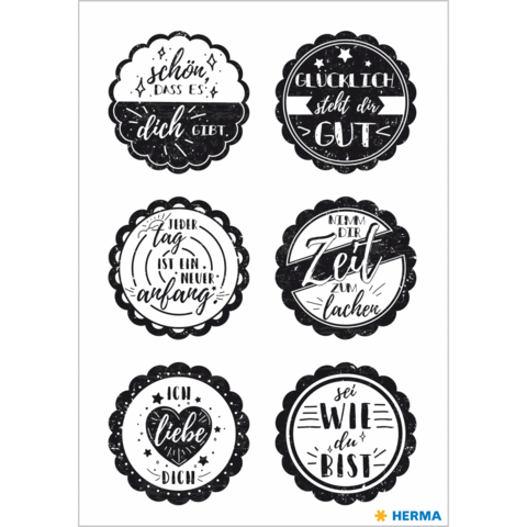 Sechs runde Aufkleber mit positiven Sprüchen in Schwarz-Weiß, darunter "Schön, dass es dich gibt" und "Jeder Tag ist ein neuer Anfang".