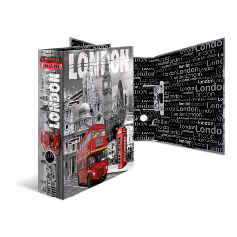 Eine Box mit London-Motiven, darunter ein roter Doppeldeckerbus und eine Telefonzelle, umgeben von ikonischen Sehenswürdigkeiten und dem Schriftzug "London".